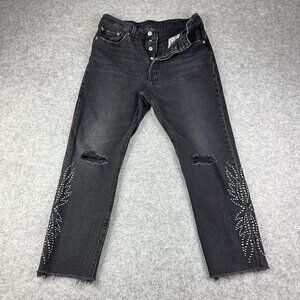Levis Premium 501 Jeans Womens 29 Faded Black Distressed Studded Crop Big E Rock
